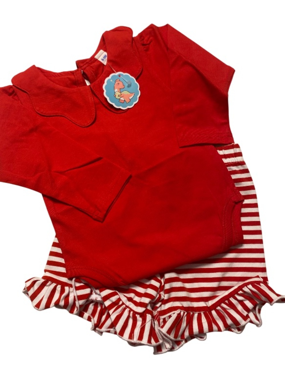 Scalloped Collar Red Bodysuit Striped Red/White Ruffled Hem Shorts Size 6-9 mths
